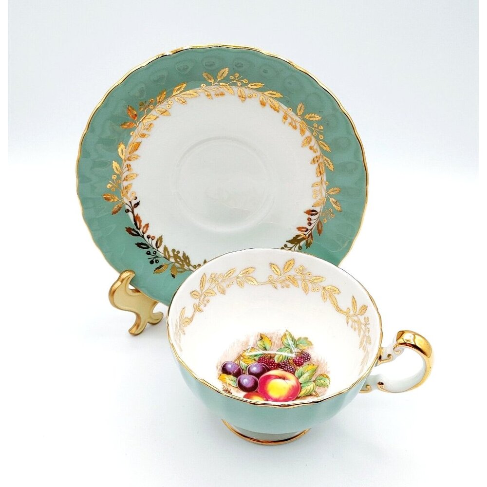 Vintage Aynsley Tea Cup & Saucer #2480 Sage w/ Orchard Fruit & Gold Leaf Trim
